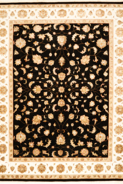 Kashmir Cream & Black Handmade Rug Garden Silk & Wool 239X305 cm