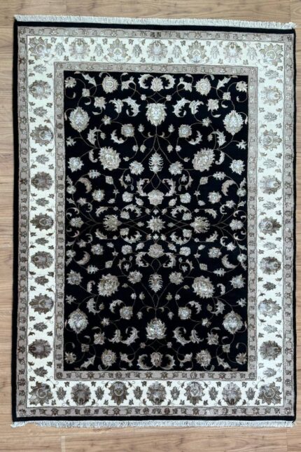 Garden Handmade Rug Silk & Wool Black & Cream 246X173