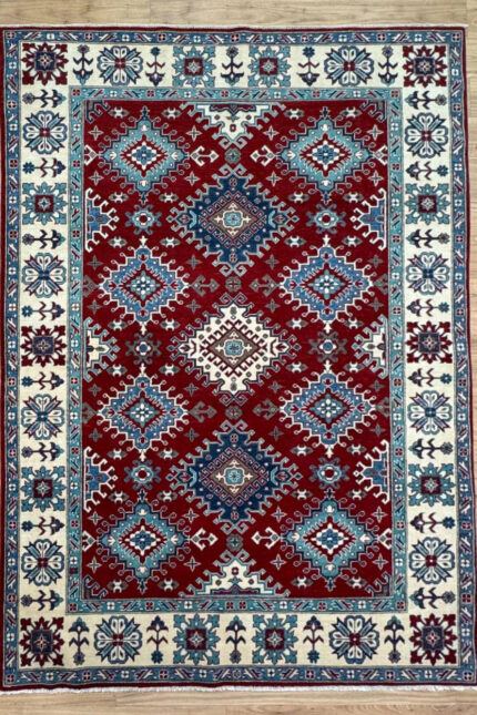 Kazak Handmade Rug Fine Wool Cream & Blue & Red 300X200