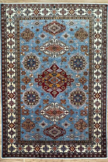 Kazak Handmade Rug Super Fine Wool Blue & Cream Multi 282X201