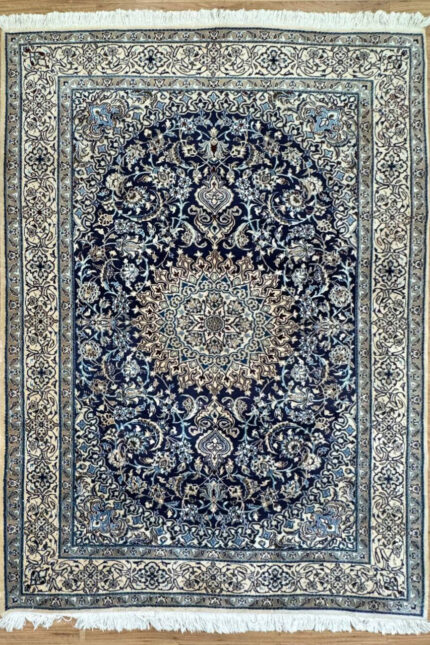 Persian Nain Handmade Rug Navy blue & Cream 304X200