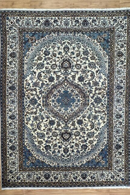 Persian Nain Handmade Rug Silk & Wool Cream & Blue 300X208