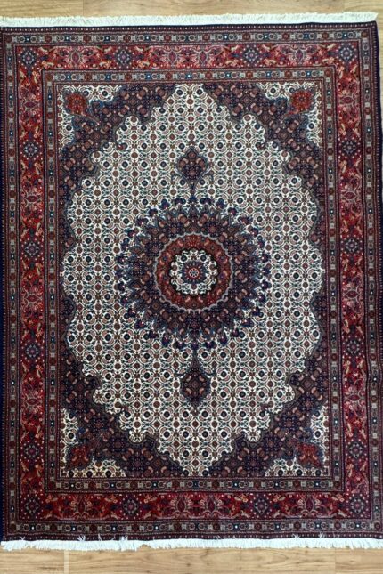 Persian Moud Handmade Rug Silk & Wool Cream & Red Multi 296X200