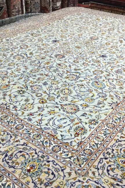 Persian Kashan Handmade Rug Wool Cream & Blue 400X300