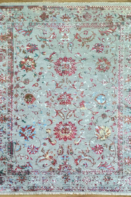 India Modern Handmade Rug Silk & Wool Gray & Pink 344X253