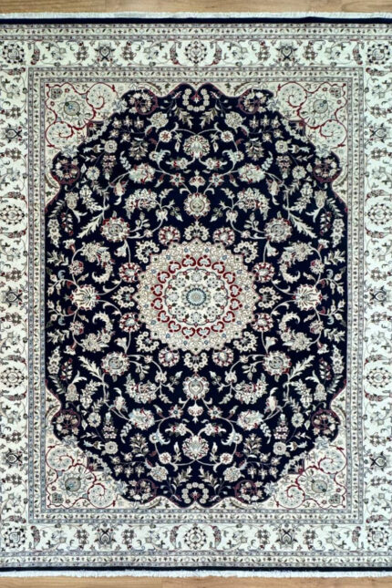 Nain Handmade Rug Silk & Wool Cream Navy 350X257