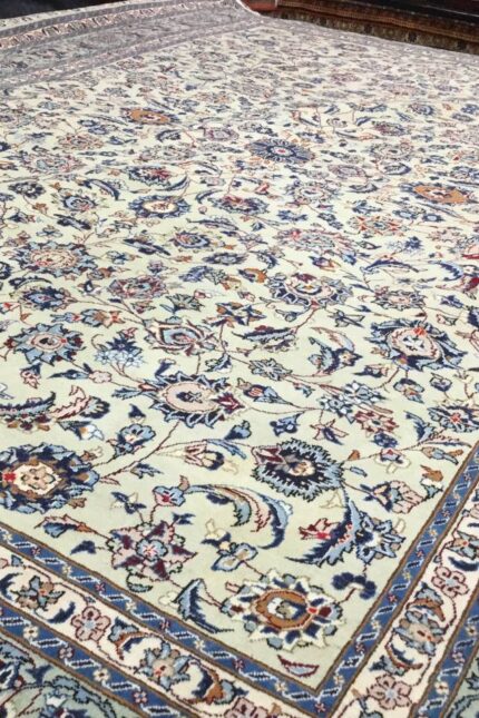 Persian Kashan Handmade Rug Wool Green & Beige 380X280