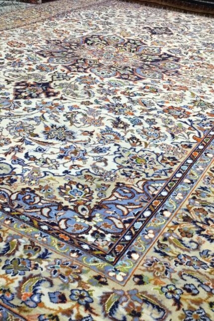 Persian Kashan Handmade Rug Wool White & Blue Navy 413X280