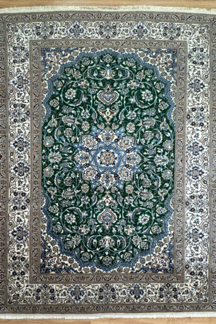 Persian Nain Handmade Rug Silk & Wool Cream & Blue & Green 350X250