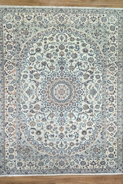 Persian Nain Handmade Rug Silk & Wool Cream & Blue 356X256