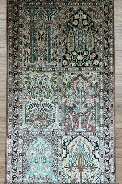Kashmir Compartment Runner Handmade Rug Silk Multi Colour 302X78