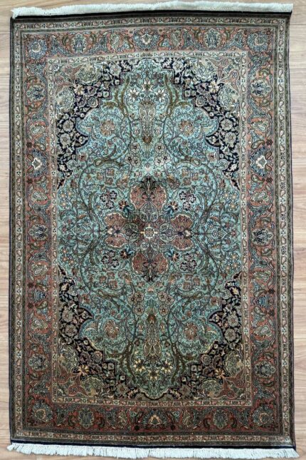 Kashmir Garden Handmade Rug Silk & Coral & Sky Blue 189X121