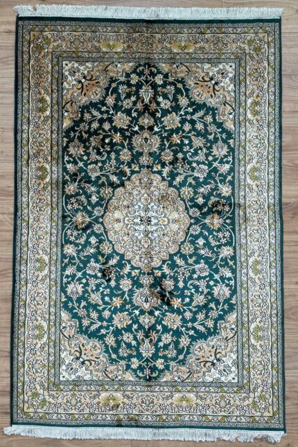 Kashmir Garden Handmade Rug Silk Green & Cream 183X120
