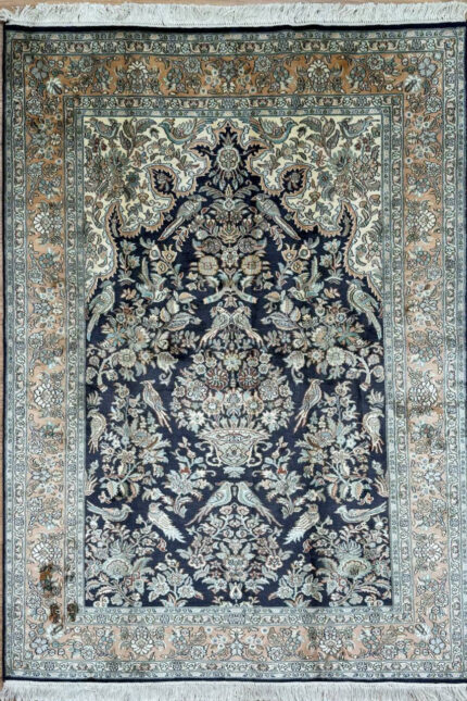 Kashmir Garden Handmade Rug Silk Green & Navy & Coral