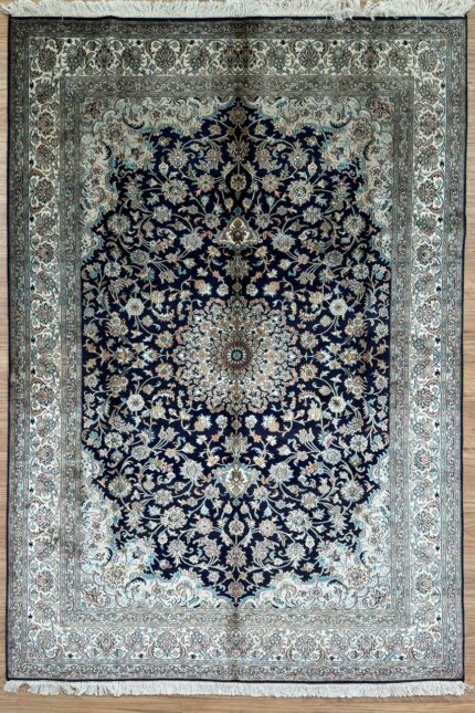 Kashmir Garden Handmade Rug Silk Navy & Cream 250X171