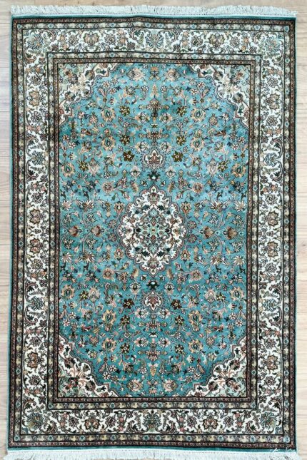 Kashmir Garden Handmade Rug Silk & Super Fine Wool Green & Beige 185X125