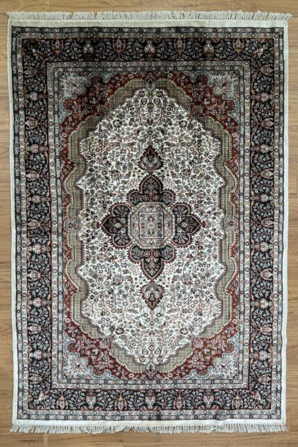 Kashmir Garden Handmade Rug Silk WHite & Black & Red 220X150