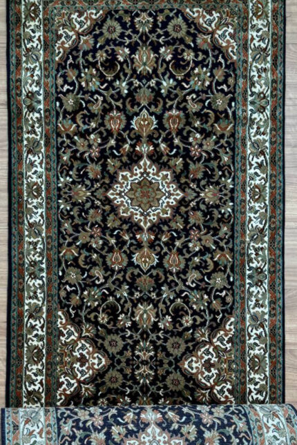 Kashmir Garden Runner Handmade Rug Silk Black & Green 362X82