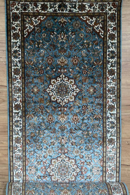Kashmir Garden Runner Handmade Rug Silk Blue Multi 369X81
