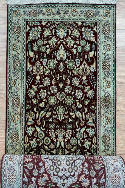 Kashmir Garden Runner Handmade Rug Silk Red & Green 345X75