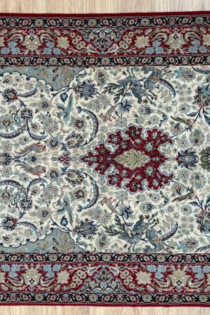 Persian Isfahan Garden Handmade Rug Silk & Super Fine Wool Red & White 233X132