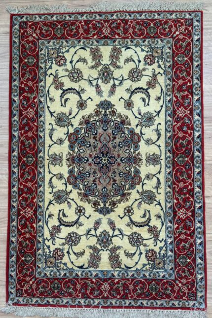 Persian Isfahan Handmade Rug Silk & Super Fine Wool Beige & Red 170X110