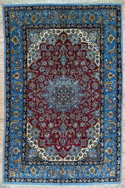 Persian Isfahan Handmade Rug Silk & Super Fine Wool Blue & Red 165X125