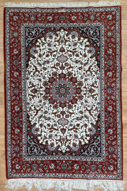 Persian Isfahan Handmade Rug Super Fine Wool White & Red 230X155