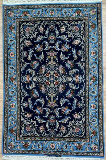 Persian Isfahan Signature Handmade Rug Silk & Super Fine Wool Blue Navy 173X110