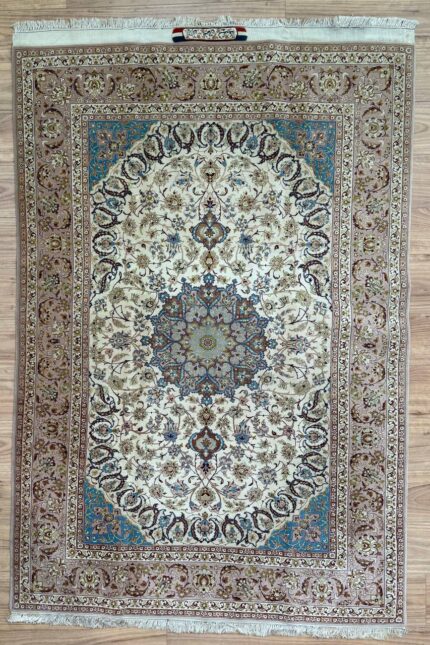 Persian Isfahan Signature Handmade Rug Super Fine Wool Beige & Gold & Blue 250X145
