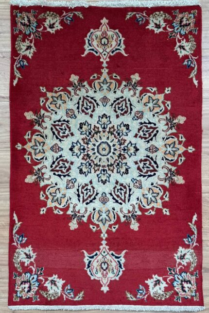 Persian Kerman Handmade Rug Super Fine Wool Red & Cream 118X75