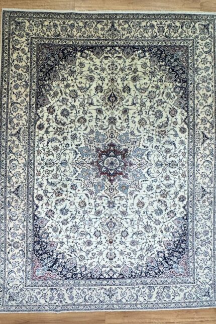 Persian Nain Antique Signature Handmade Rug Silk & Wool Cream & Navy 350X248