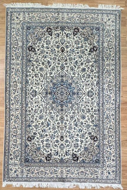 Persian Nain Handmade Rug Silk & Super Fine Wool Blue & White 335X207