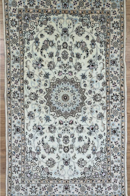 Persian Nain Handmade Rug Silk & Wool Cream & Blue 212X128