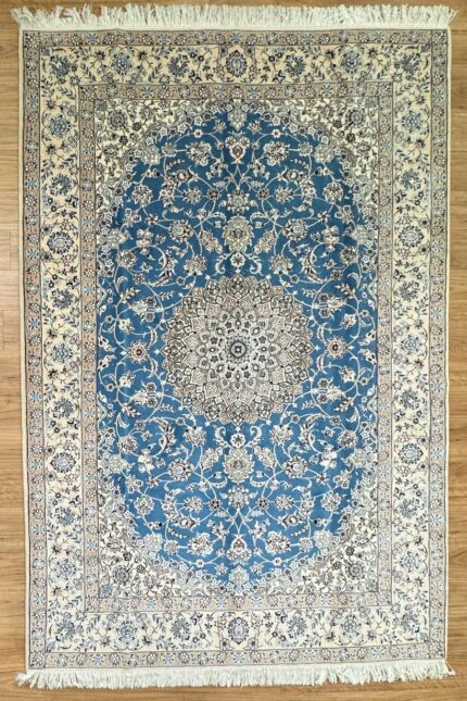 Persian Nain Handmade Rug Silk & Wool Cream & Blue 300X200