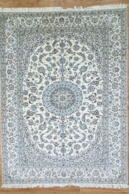 Persian Nain Handmade Rug Silk & Wool Cream & Blue 306X207
