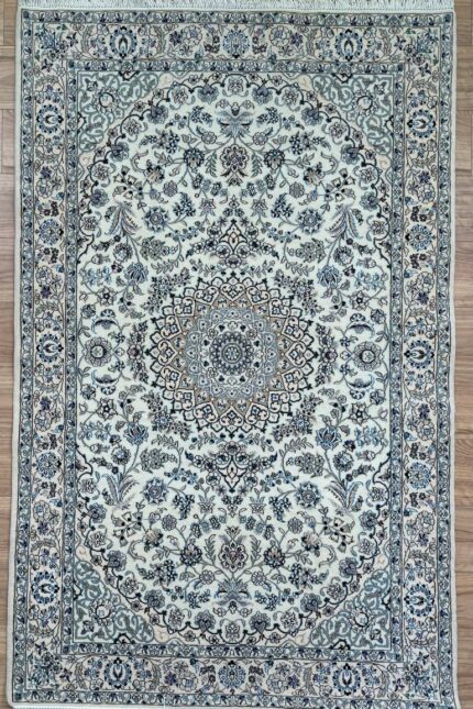 Persian Nain Handmade Rug Silk & Wool Cream & Blue & Brown 200X130