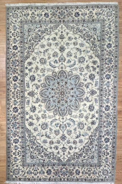 Persian Nain Handmade Rug Silk & Wool Cream & Blue & Brown 330X196