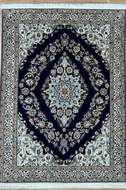 Persian Nain Handmade Rug Silk & Wool Cream & Navy 170X125