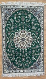 Persian Nain Handmade Rug Silk & Wool Green & Cream 138X85