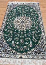 Persian Nain Handmade Rug Silk & Wool Green & Cream 138X85