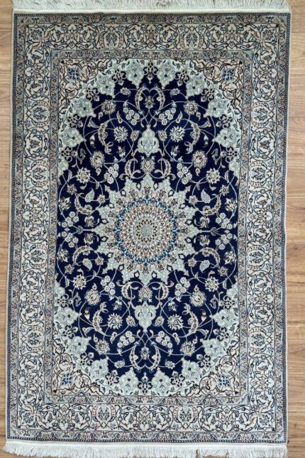 Persian Nain Handmade Rug Silk & Wool Navy & Gray 200X126