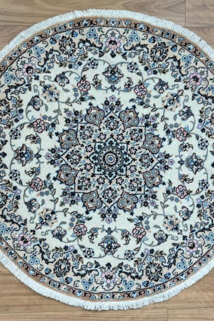 Persian Nain Round Handmade Rug Silk & Wool Cream & Brown 120X120