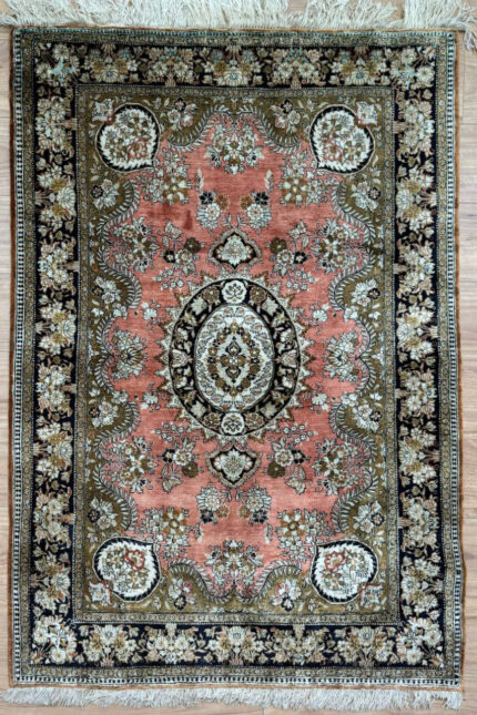 Persian Qom Garden Handmade Rug Silk Gold & Coral 160X111