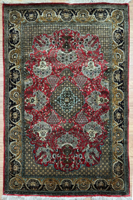 Persian Qom Garden Handmade Rug Silk Red & Gold 160X105