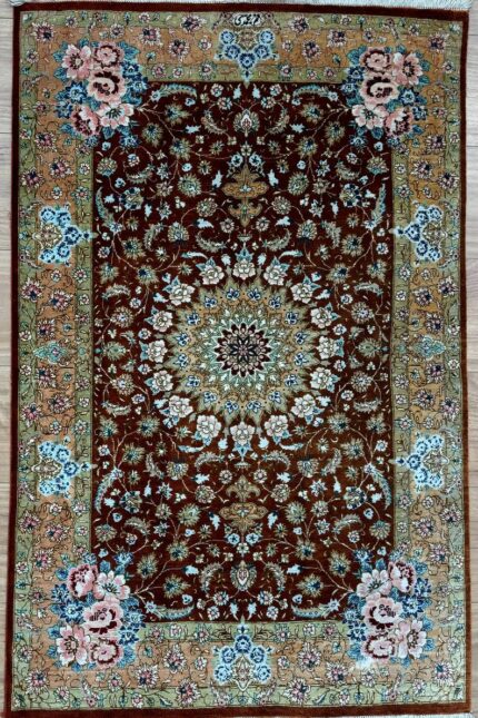 Persian Qom Garden Signature Handmade Rug Silk & Silk Red & Green 121X76