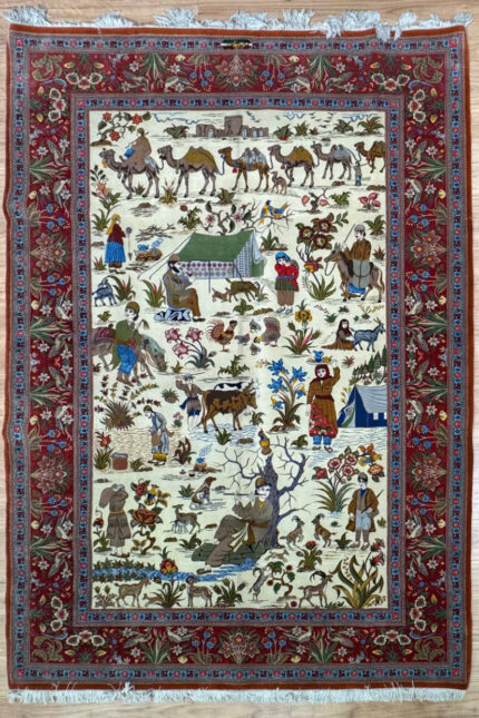 Persian Qom Handmade Rug Wool Kork Red & Blue & Cream 313X207 ( Sold )