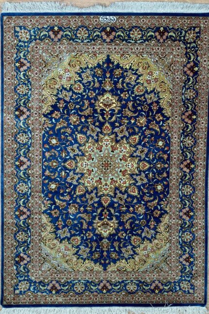 Persian Qom Signature Handmade Rug Super Fine Silk Gold & Blue 150X100