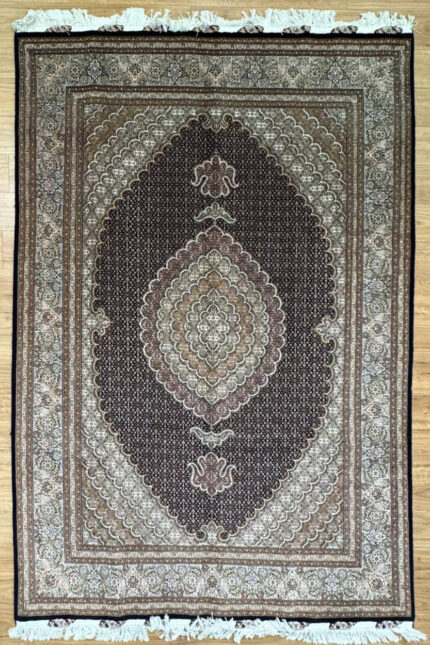 Tabriz Fish Design Handmade Rug Silk & Wool Black & Brown 300X200