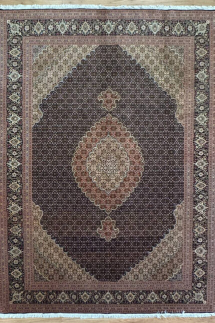 Tabriz Fish Design Handmade Rug Silk & Wool Black & Red 303X206